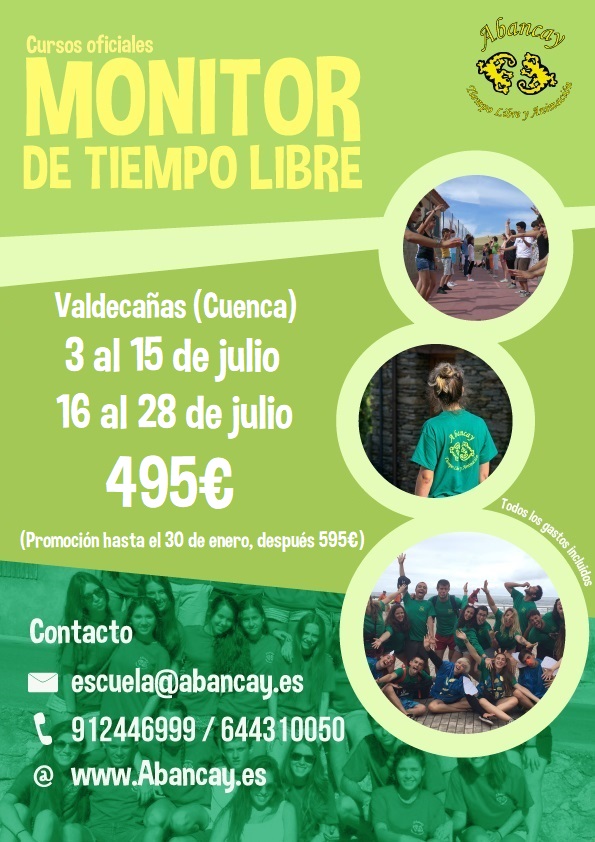 Curso en el mes de julio, intensivo y oficial de Monitor de Tiempo Libre en  Valdecañas, Cuenca