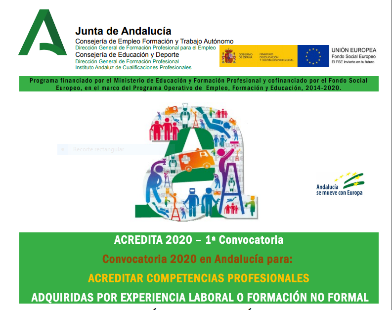 Convocatoria ACREDITA 2020 Junta de Andalucía, para obtener un certificado de profesionalidad, mediante un procedimiento de evaluación y acreditación de las competencias profesionales adquiridas. 1ª Convocatoria Genérica.